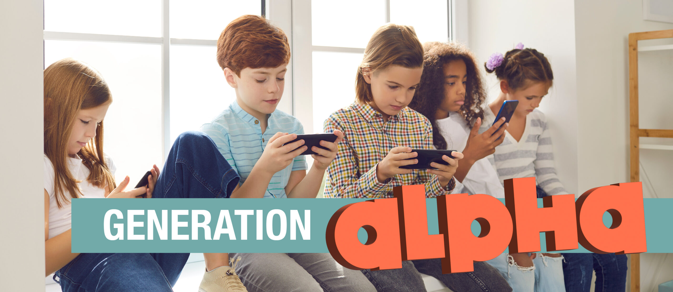 Five children sit on a windowsill, each looking at their smartphones. The headline “generation alpha” appears over the bottom third of the image.