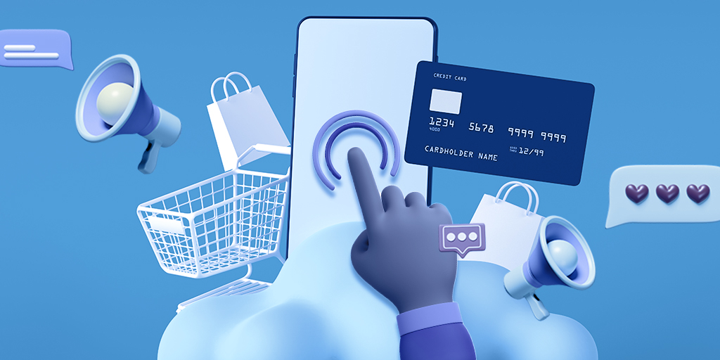 3D illustration of a credit card next to a hand pressing a button on a smartphone that is surrounded by shopping carts, shopping bags, megaphones and chat bubbles.