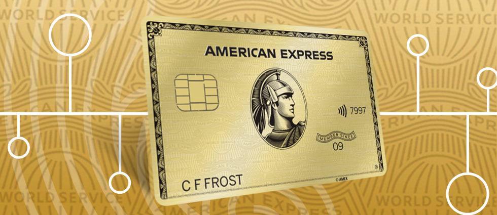 A gold american express credit card is pictured on a gold and white background.