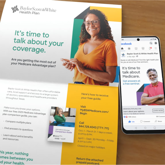 BSW Medicare self-mailer and a BSW paid social ad on Facebook