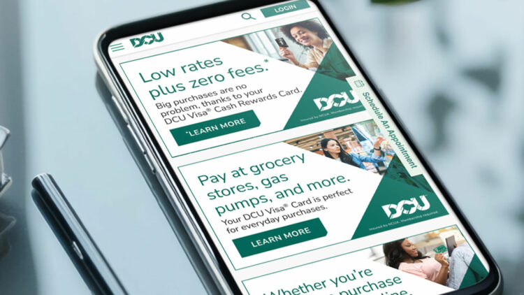 DCU banners on homepage, shown on mobile phone